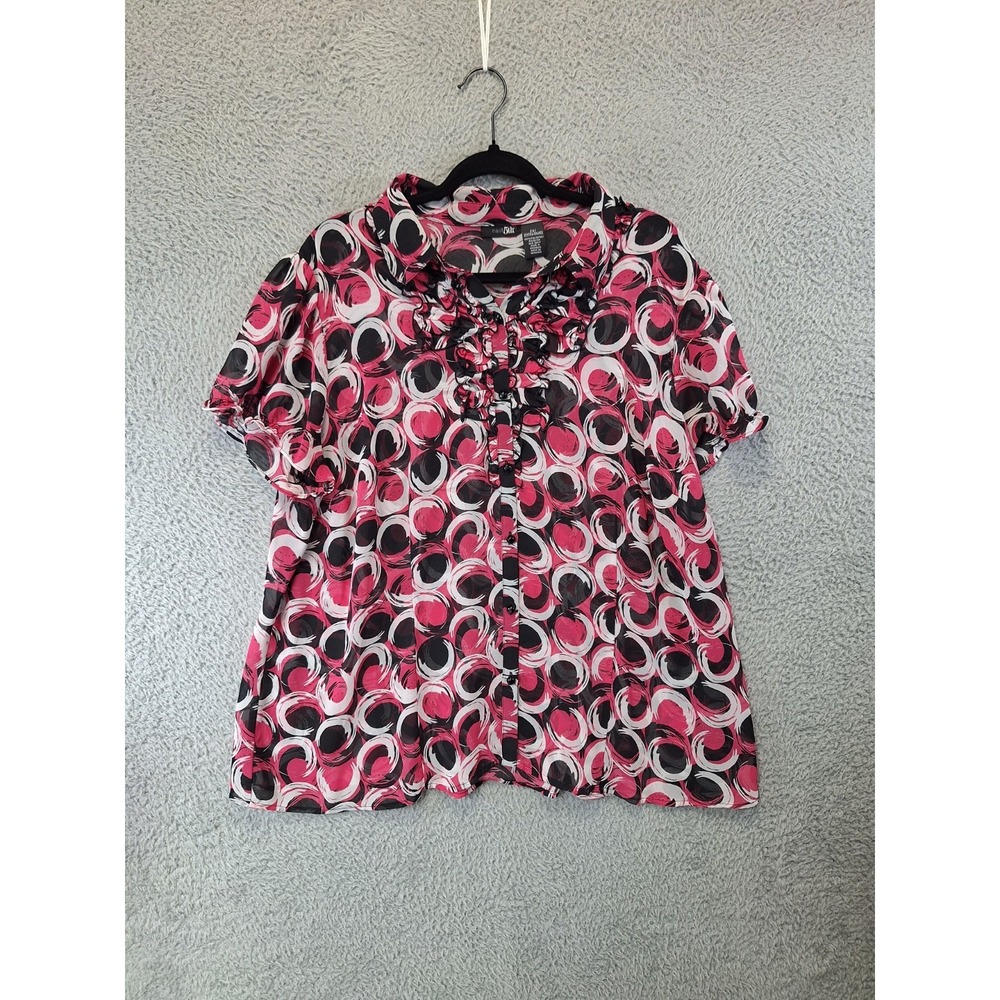 East 5th Blouse Top Womens 2X Multi Patterned Ruffle Trim Collared Button Front